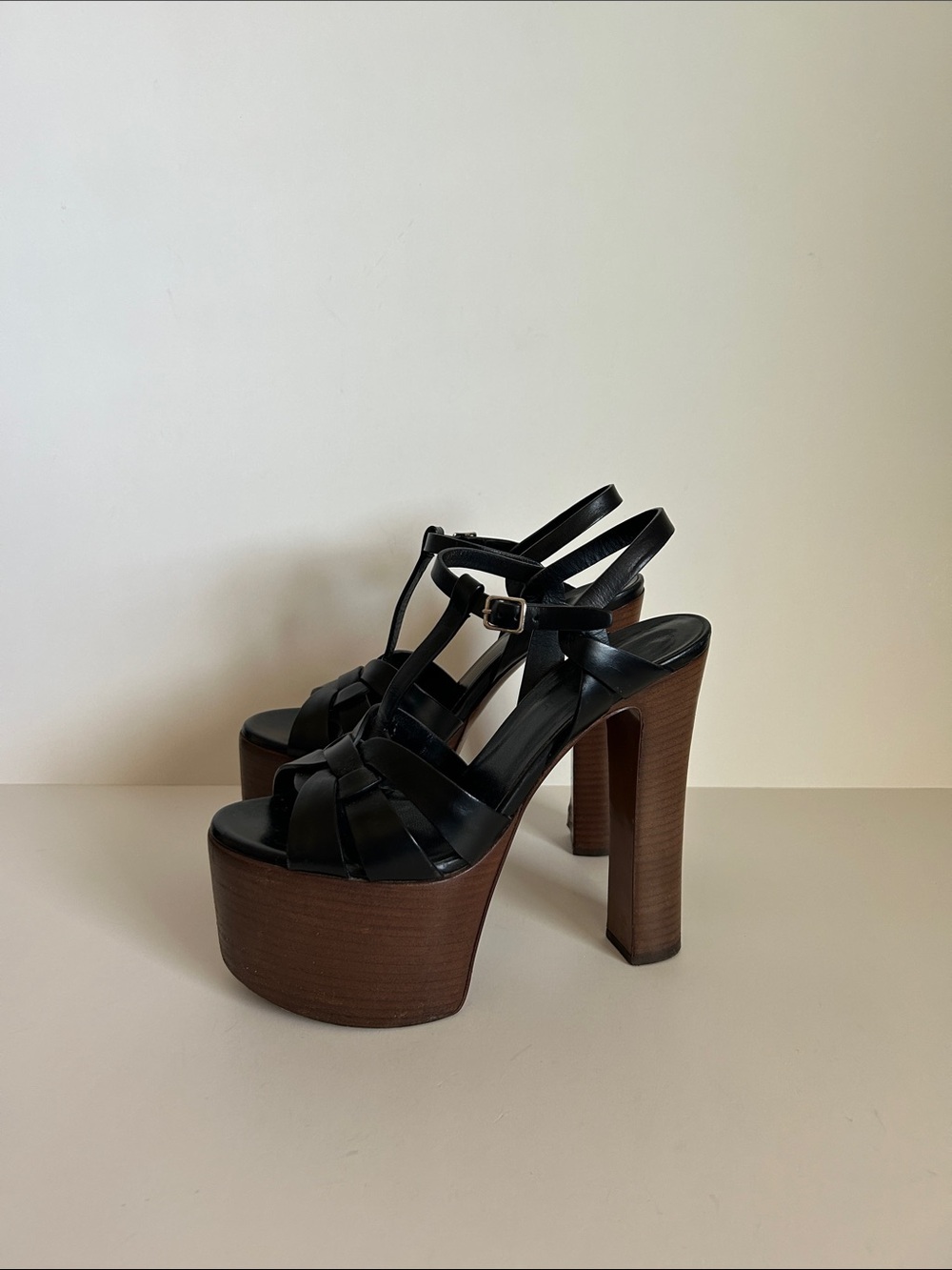 Saint Laurent Black Leather Platform Wedge Sandals with Wood-Effect Heel